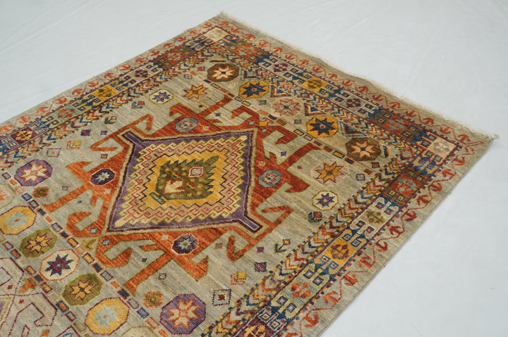 4x10 Gray Wide Kazak Tribal Afghan Hand knotted Runner Rug - Yildiz Rugs