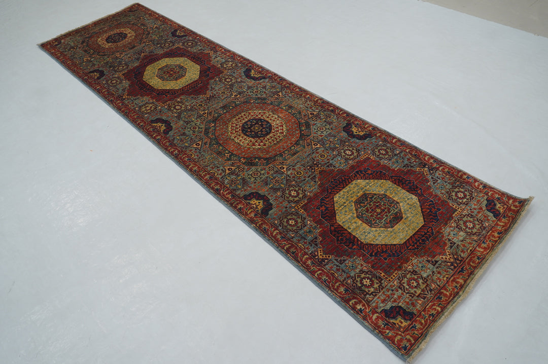 10 ft Blue Mamluk Hand knotted Turkish Medallion Runner Rug