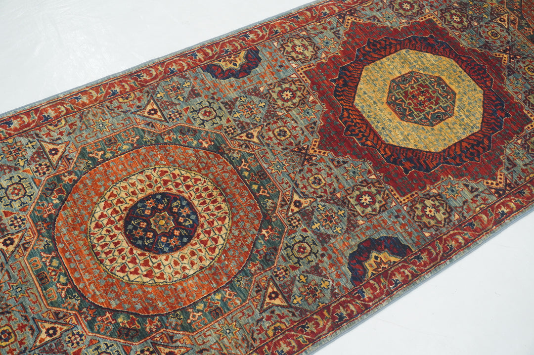 10 ft Blue Mamluk Hand knotted Turkish Medallion Runner Rug