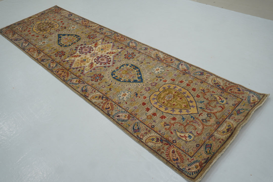 10 ft Taupe Gray Suzani Afghan hand knotted Floral Runner Rug