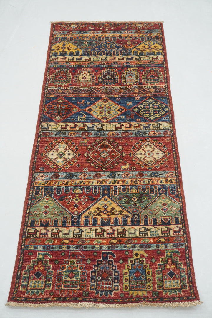 5 ft Red Tribal Gabbeh Afghan Hand knotted Narrow Short Runner Rug - Yildiz Rugs