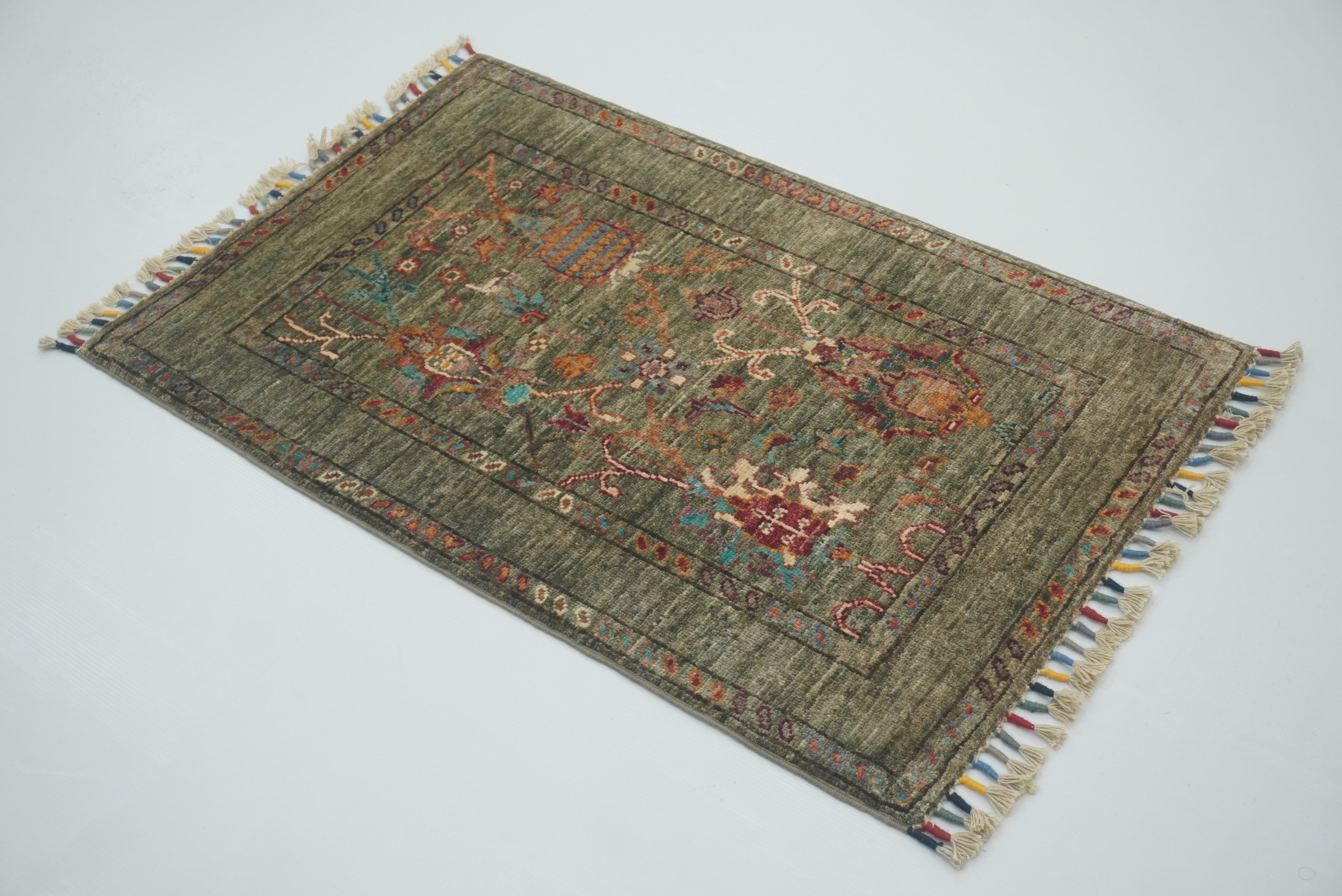 2x3 Green Afghan Waziri Floral Hand Knotted Rug - Yildiz Rugs