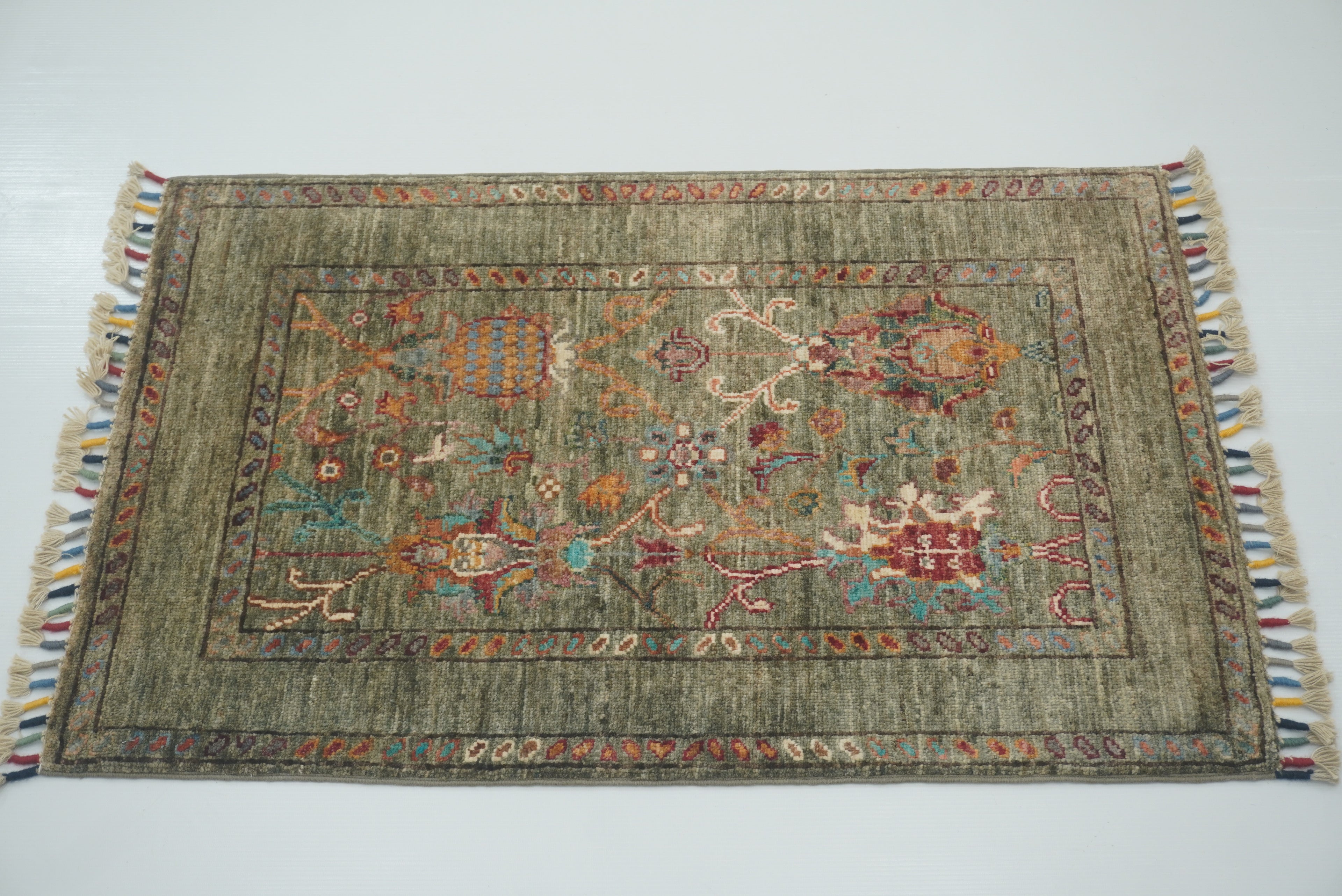 2x3 Green Afghan Waziri Floral Hand Knotted Rug - Yildiz Rugs