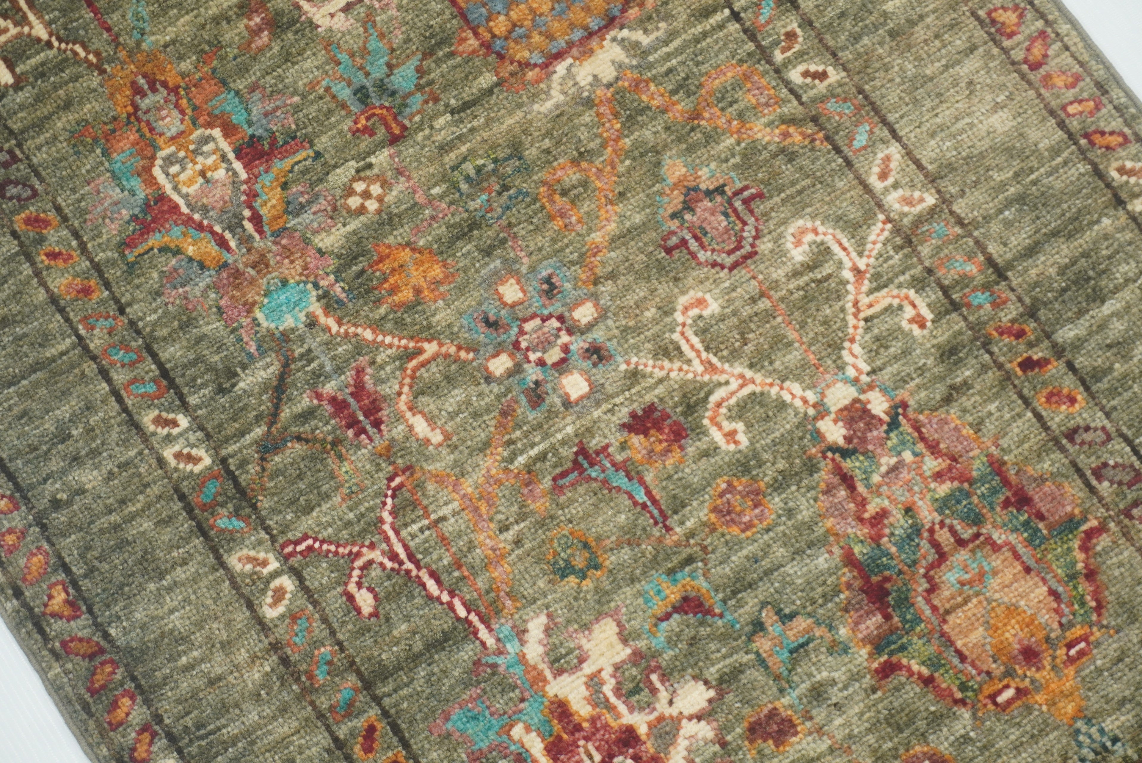 2x3 Green Afghan Waziri Floral Hand Knotted Rug - Yildiz Rugs