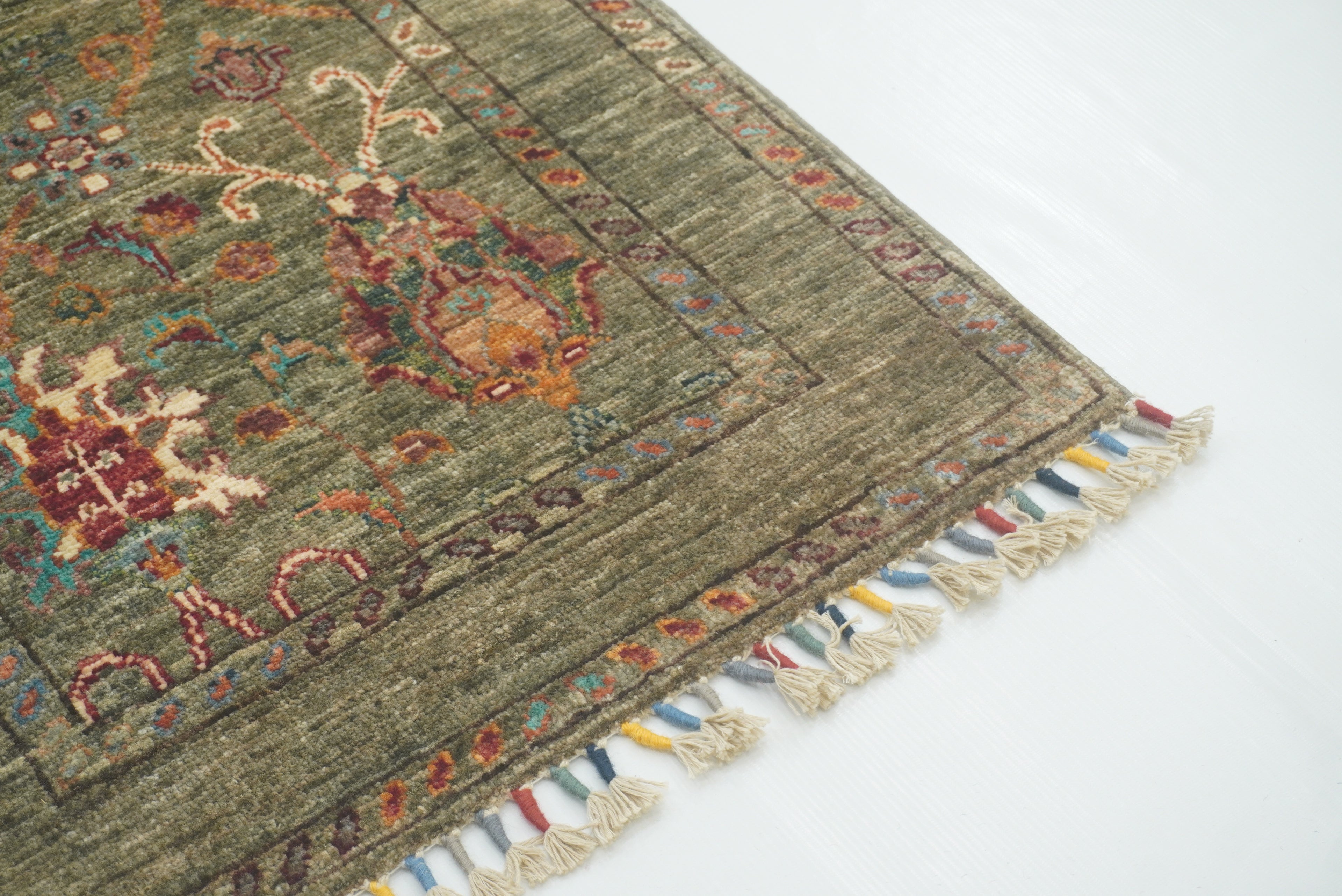 2x3 Green Afghan Waziri Floral Hand Knotted Rug - Yildiz Rugs