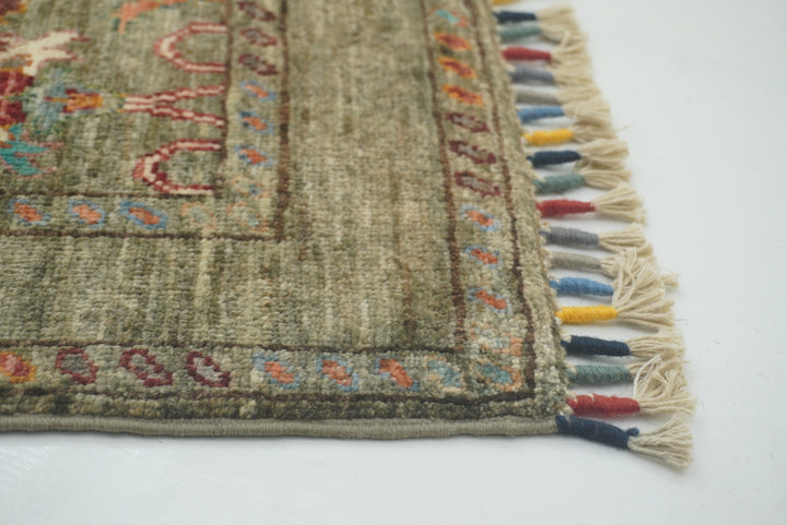 2x3 Green Afghan Waziri Floral Hand Knotted Rug - Yildiz Rugs