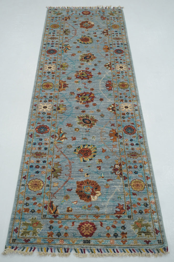 8 ft Blueish Gray Waziri Oriental Afghan Hand knotted Runner Rug - Yildiz Rugs