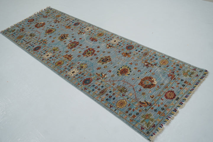 8 ft Blueish Gray Waziri Oriental Afghan Hand knotted Runner Rug - Yildiz Rugs