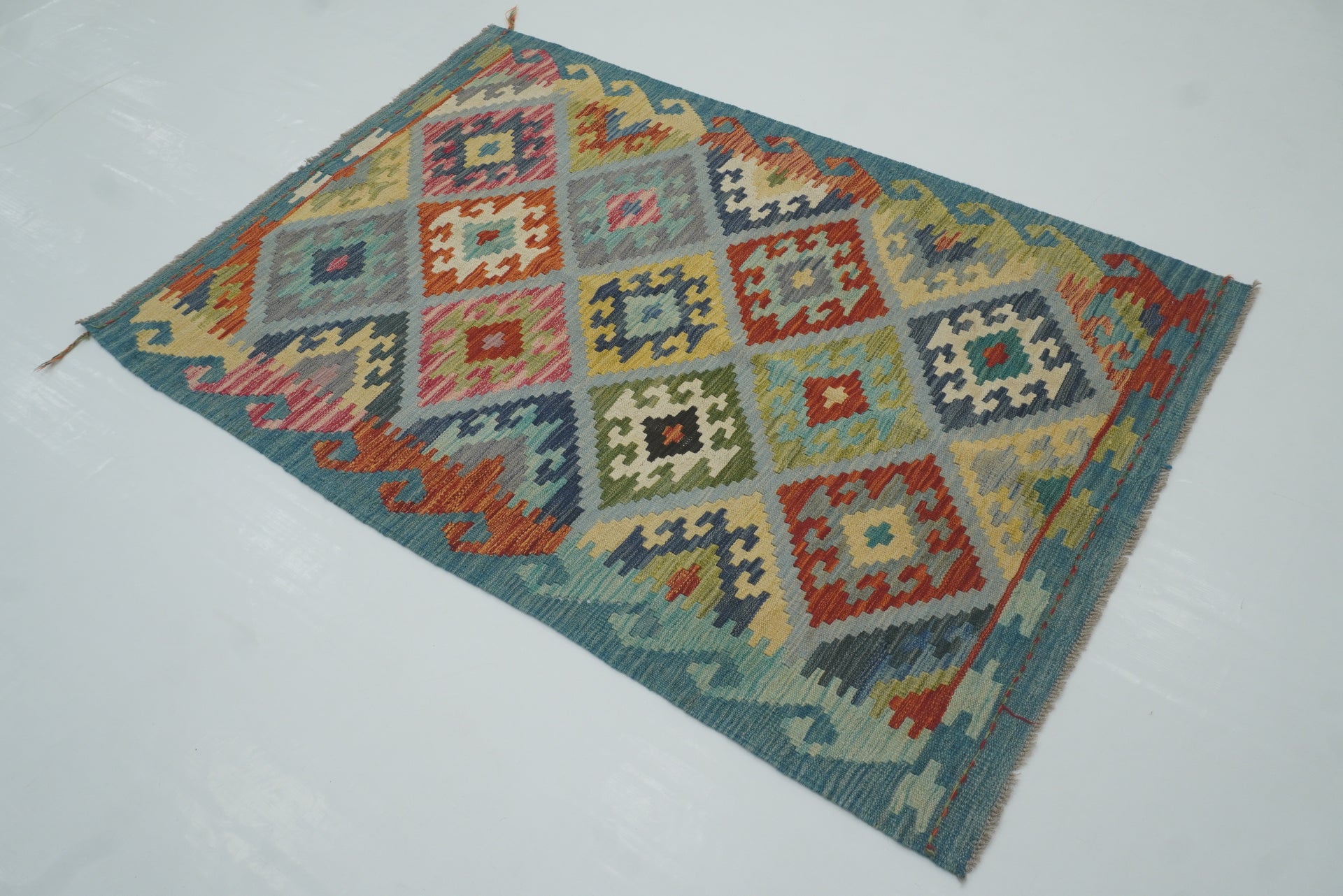 3x5 Blue Afghan Handmade Geometric Kilim Rug