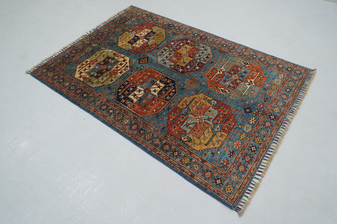 4x6 Blue Afghan Ersari Turkmen hand knotted Oriental Rug