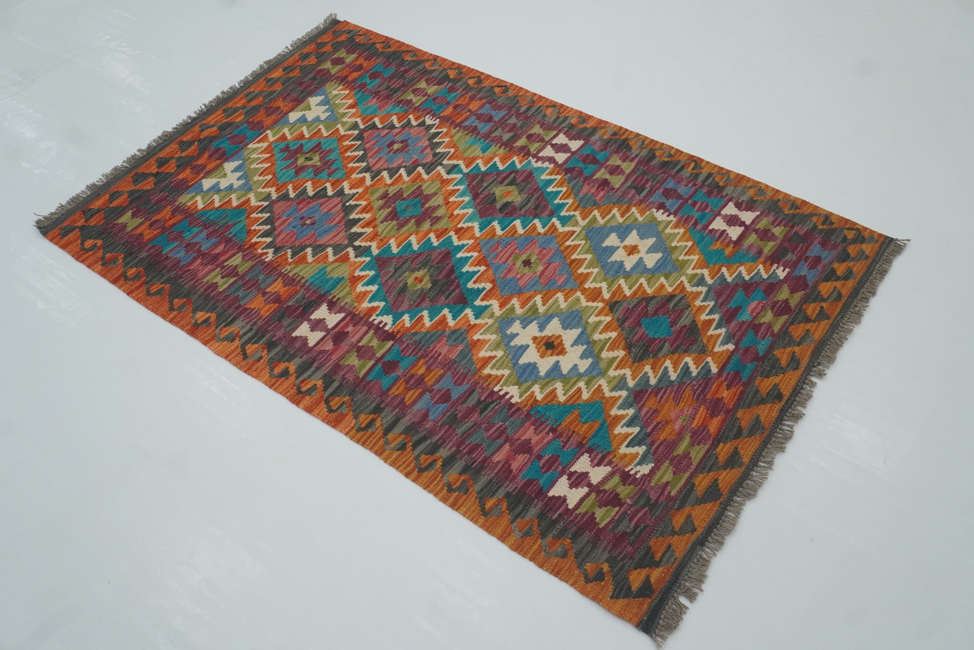 3x5 Orange Afghan Handmade Geometric Kilim Rug
