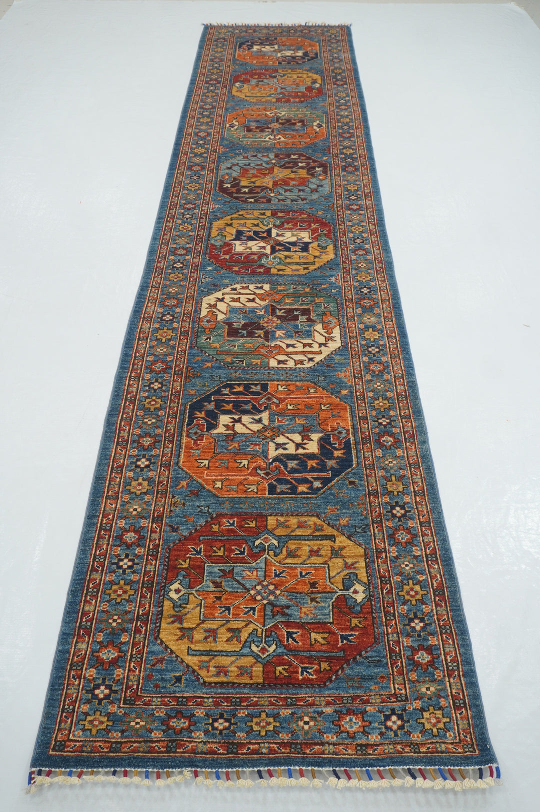 13 Ft Blue Ersari Elephant foot Afghan hand knotted Oriental Runner Rug - Yildiz Rugs