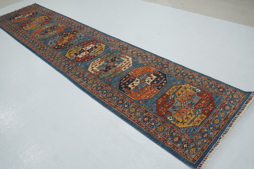 13 Ft Blue Ersari Elephant foot Afghan hand knotted Oriental Runner Rug - Yildiz Rugs