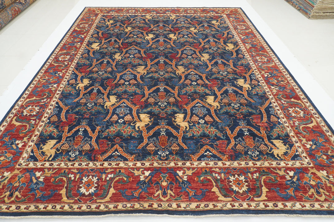 9x12 Navy Blue Tribal Lion Gabbeh Qashqai Afghan Hand Knotted Rug