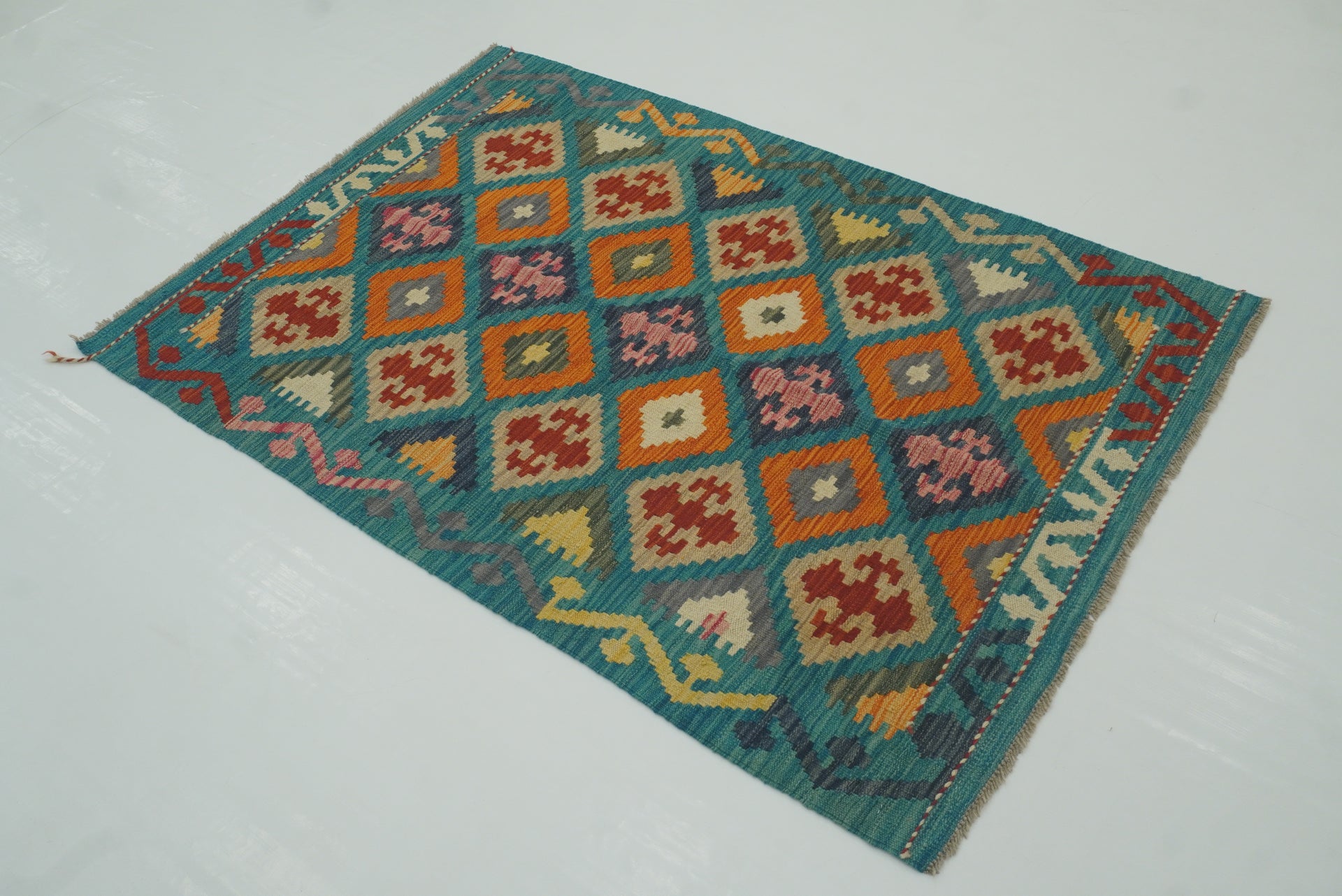 3x5 Turquoise Blue Afghan Handmade Geometric Kilim Rug