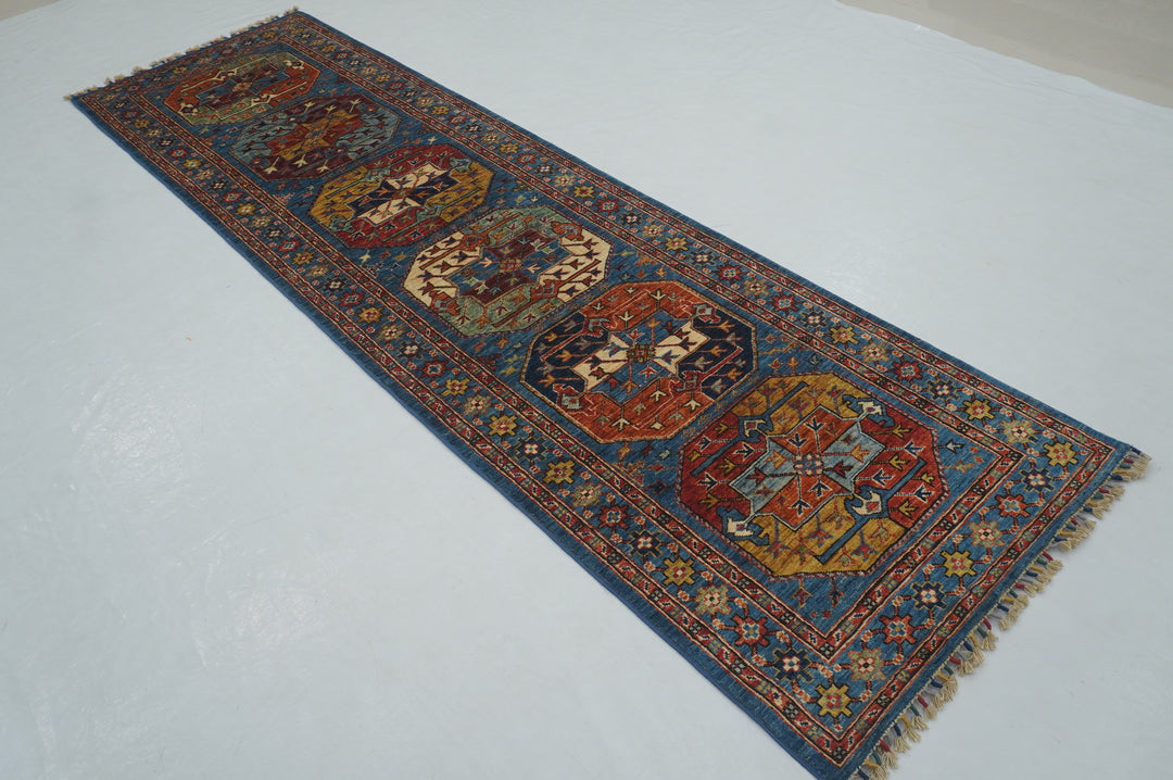 10 ft Blue Ersari Turkmen Afghan Hand knotted Runner Rug