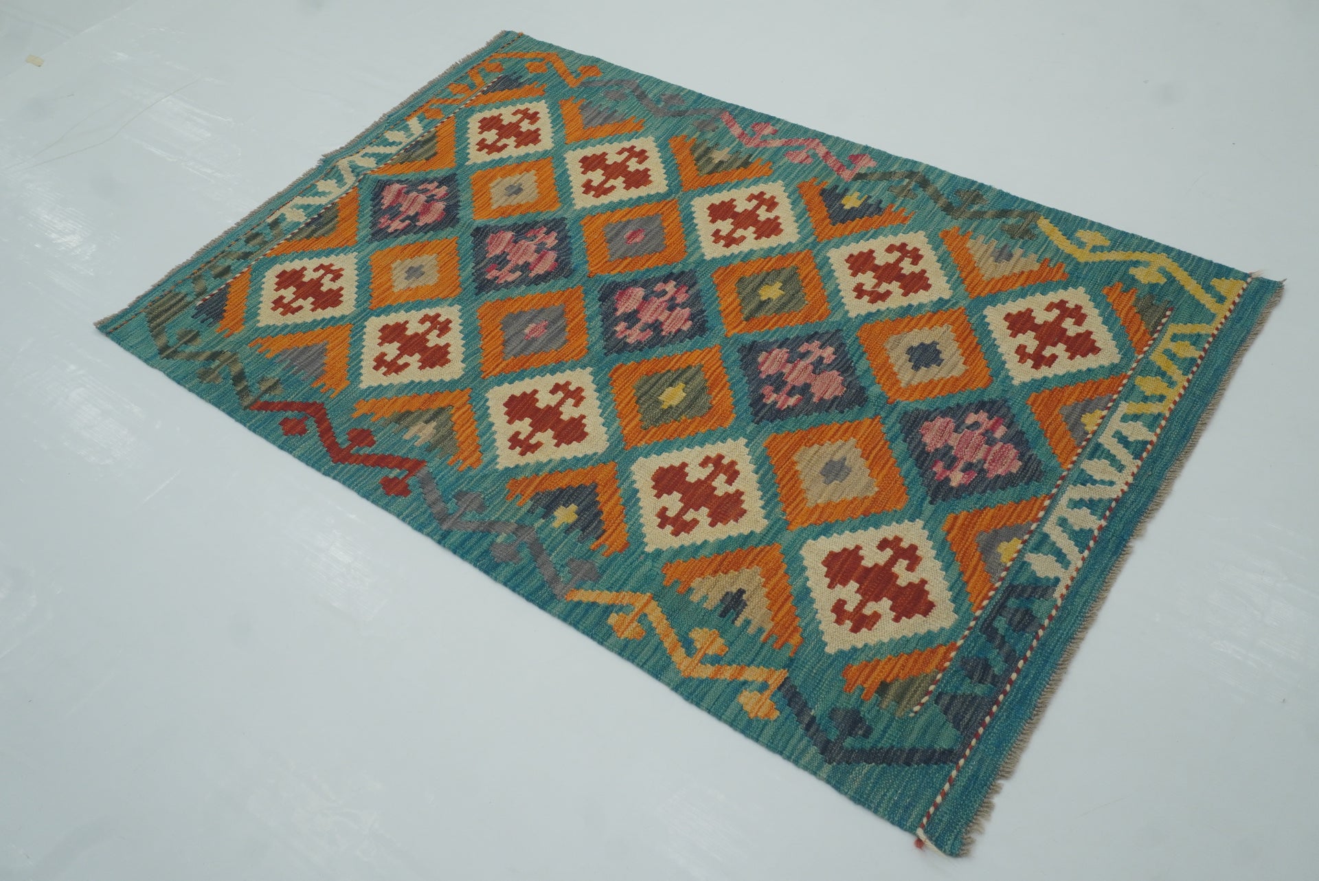 3x5 Turquoise Blue Afghan Handmade Geometric Kilim Rug