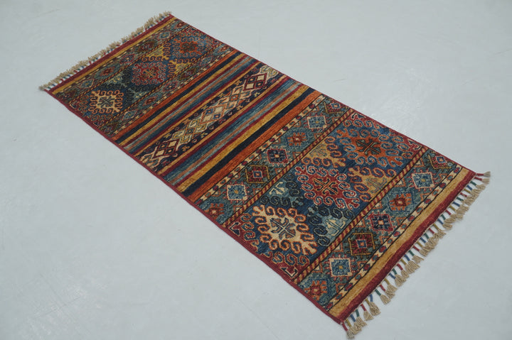 2x5 Blue Tribal Afghan hand knotted Narrow Runner Rug