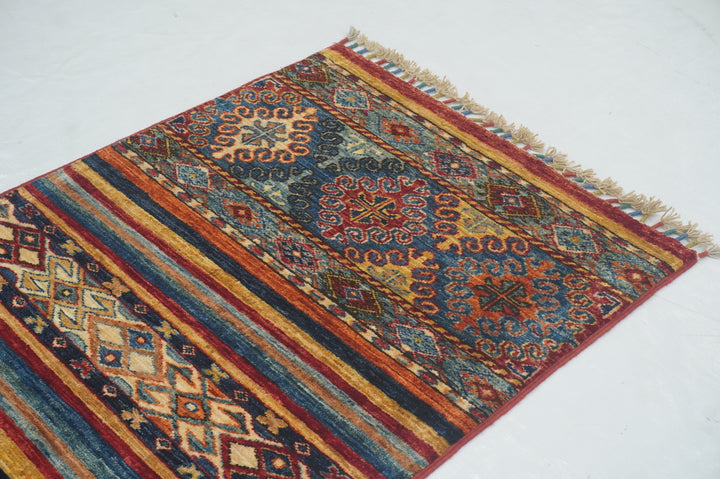 2x5 Blue Tribal Afghan hand knotted Narrow Runner Rug