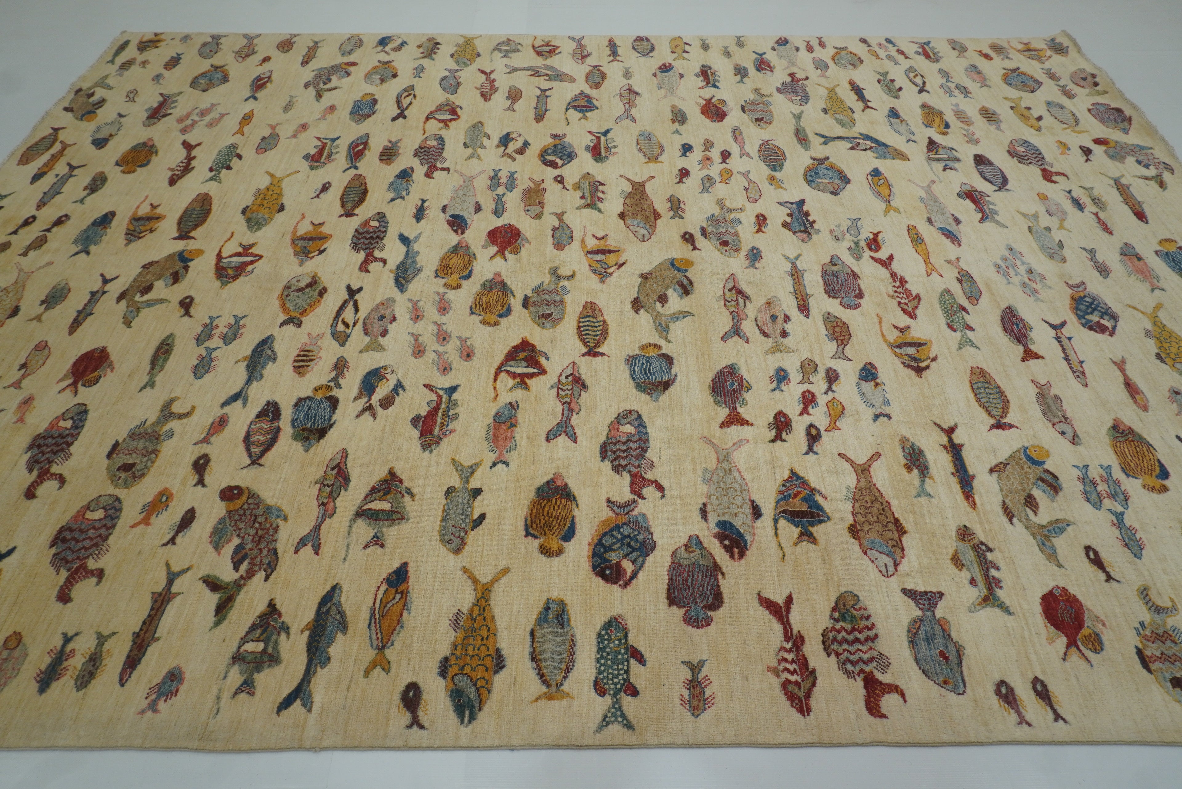 9x12 Fish Gabbeh Ivory Beige Afghan Hand knotted Rug - Yildiz Rugs