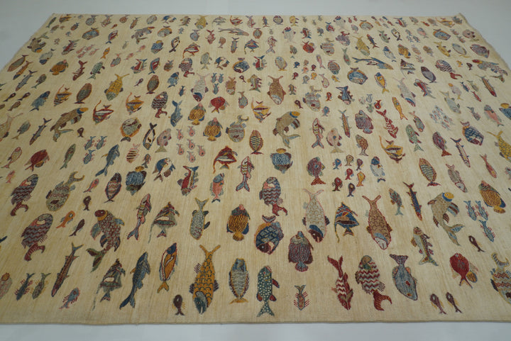 9x12 Fish Gabbeh Ivory Beige Afghan Hand knotted Rug - Yildiz Rugs