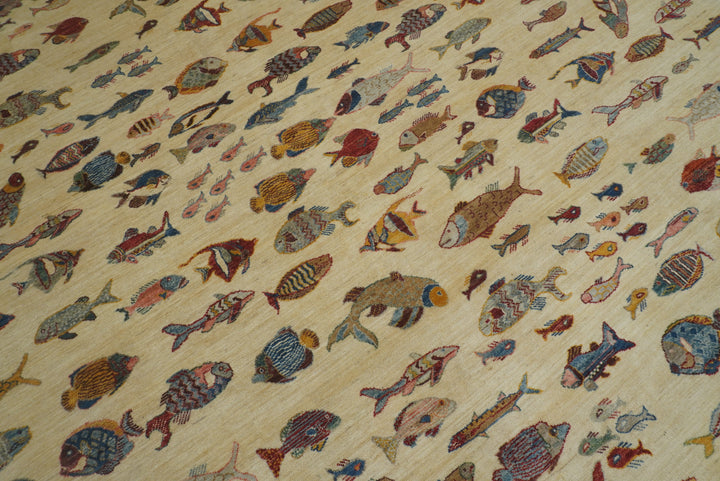 9x12 Fish Gabbeh Ivory Beige Afghan Hand knotted Rug - Yildiz Rugs