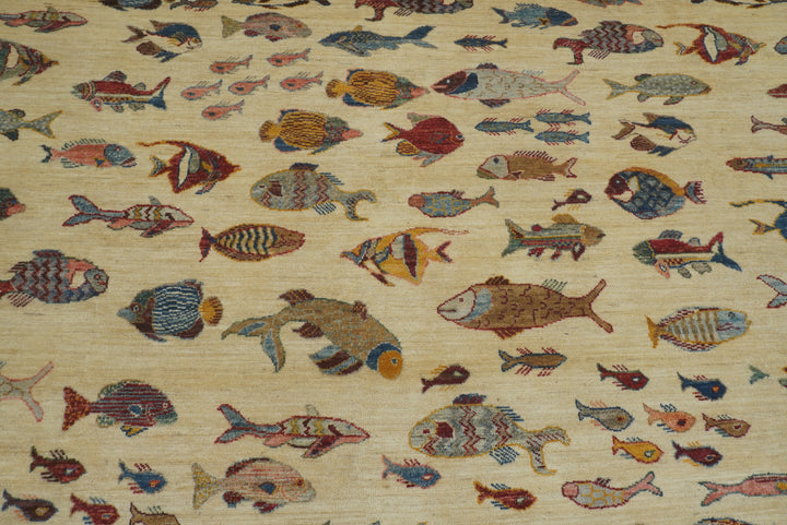 9x12 Fish Gabbeh Ivory Beige Afghan Hand knotted Rug - Yildiz Rugs