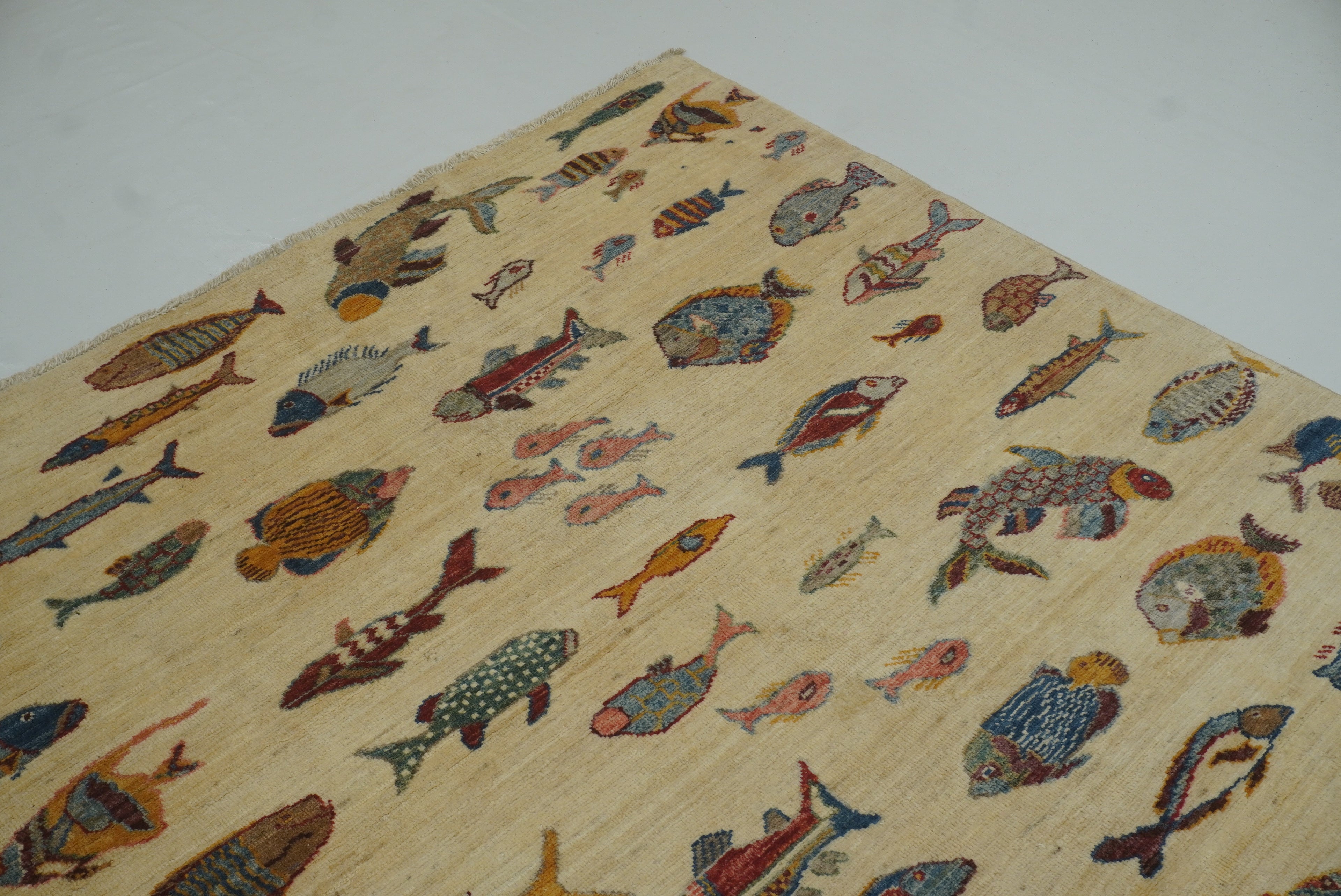 9x12 Fish Gabbeh Ivory Beige Afghan Hand knotted Rug - Yildiz Rugs