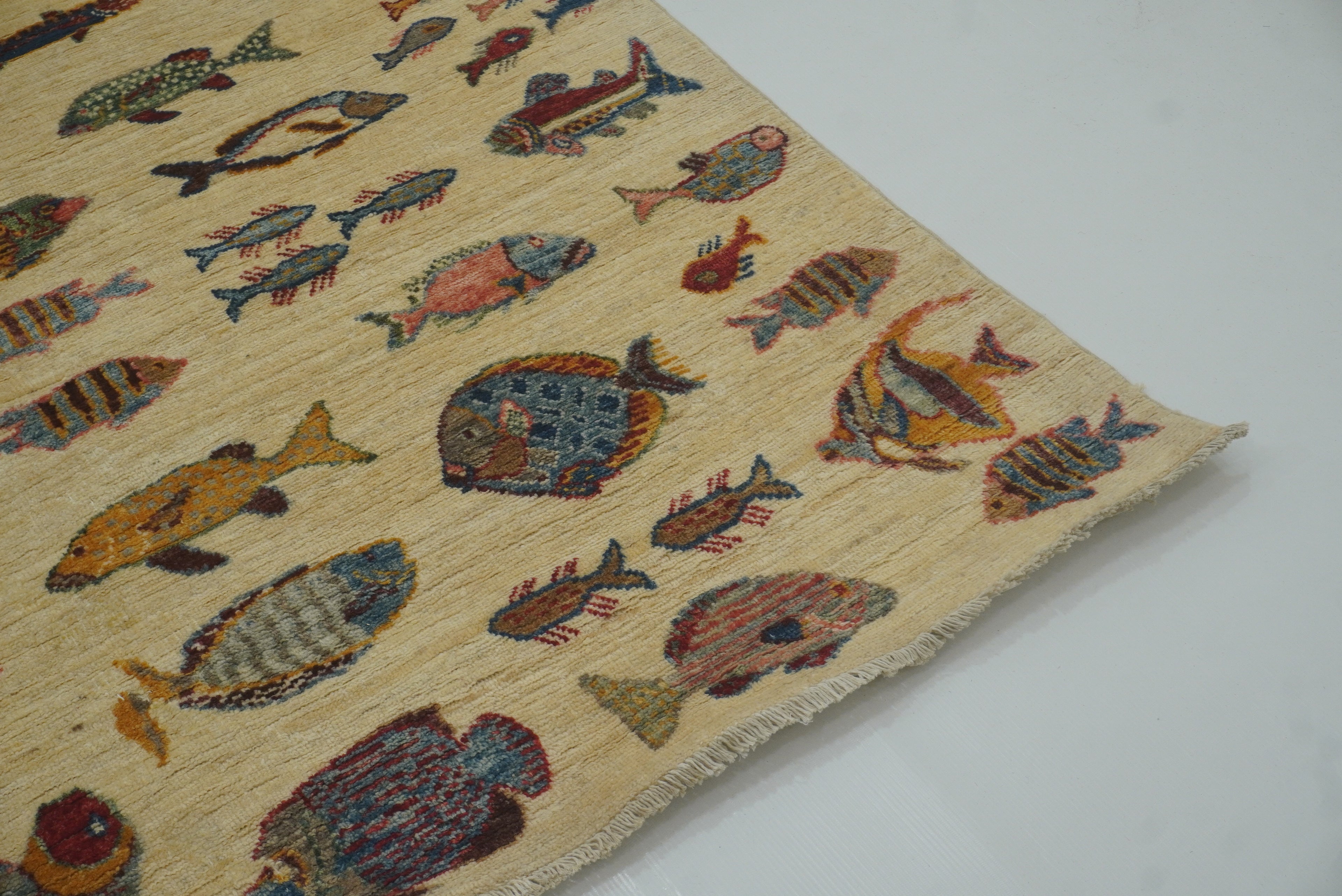 9x12 Fish Gabbeh Ivory Beige Afghan Hand knotted Rug - Yildiz Rugs