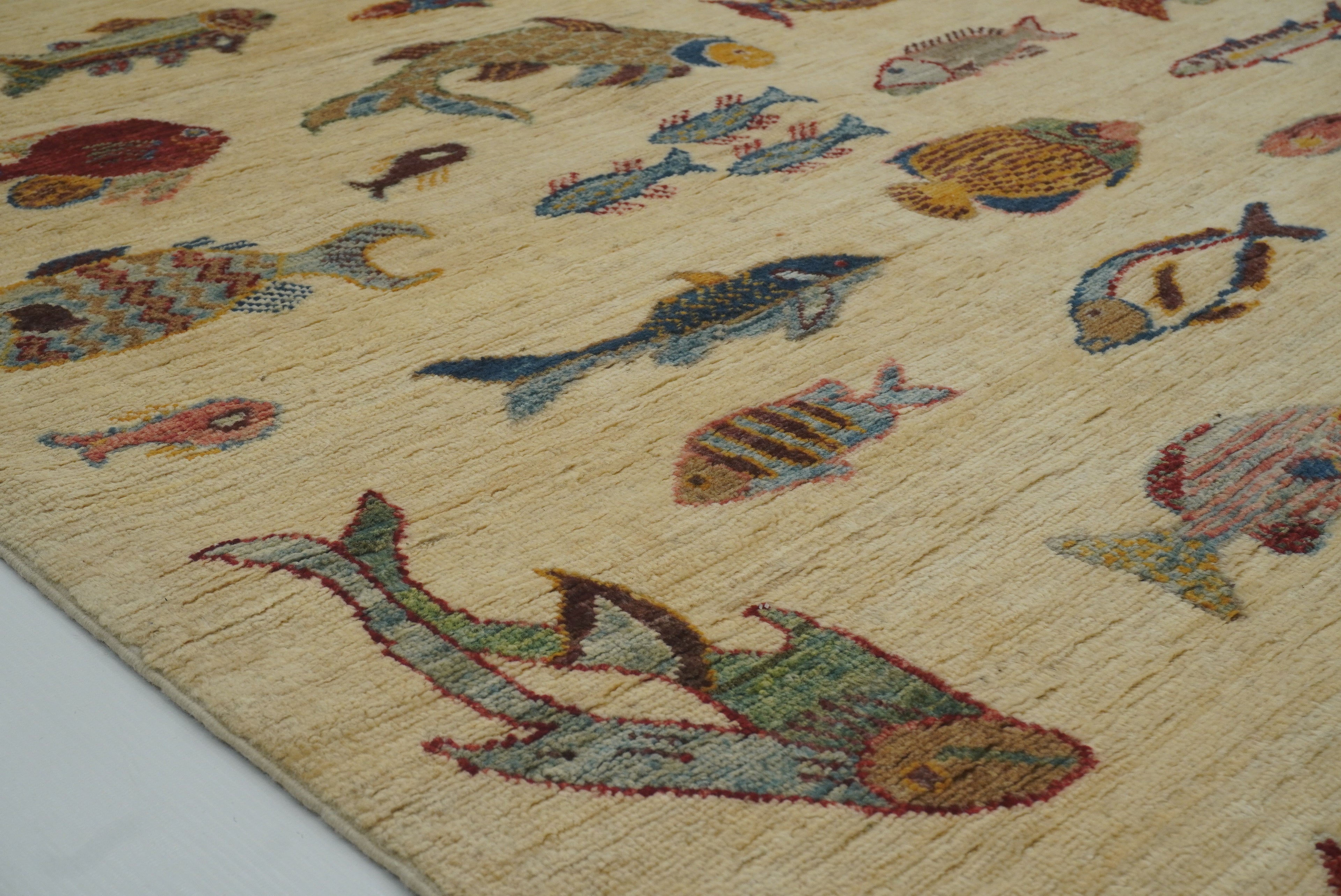 9x12 Fish Gabbeh Ivory Beige Afghan Hand knotted Rug - Yildiz Rugs