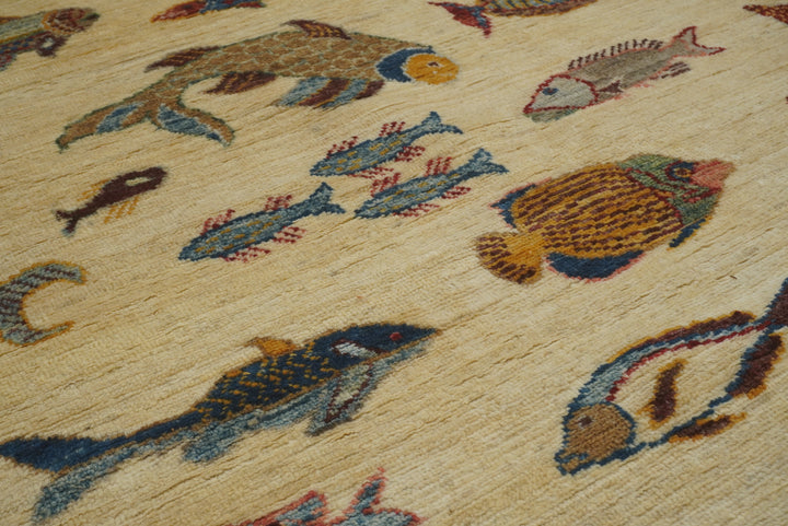 9x12 Fish Gabbeh Ivory Beige Afghan Hand knotted Rug - Yildiz Rugs