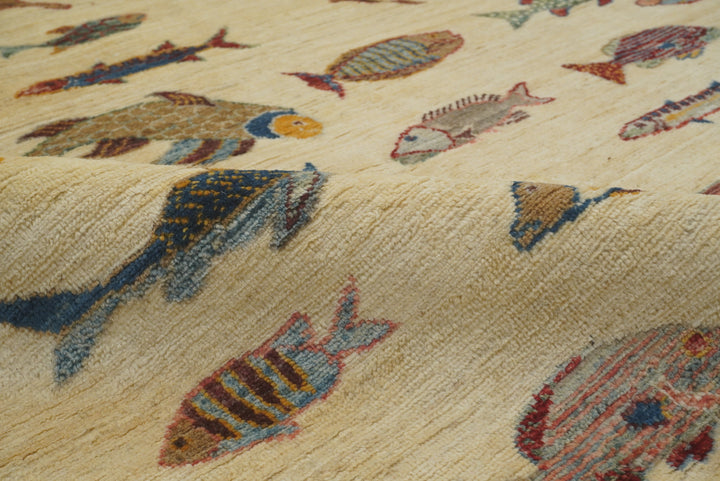 9x12 Fish Gabbeh Ivory Beige Afghan Hand knotted Rug - Yildiz Rugs