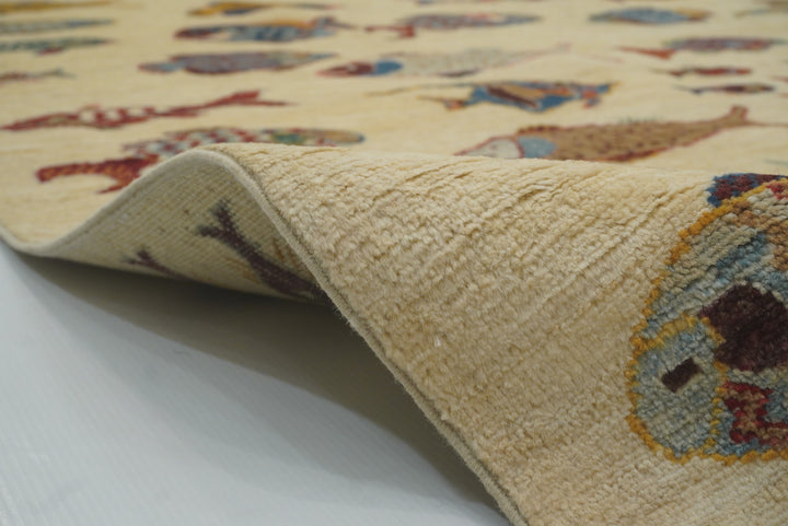 9x12 Fish Gabbeh Ivory Beige Afghan Hand knotted Rug - Yildiz Rugs