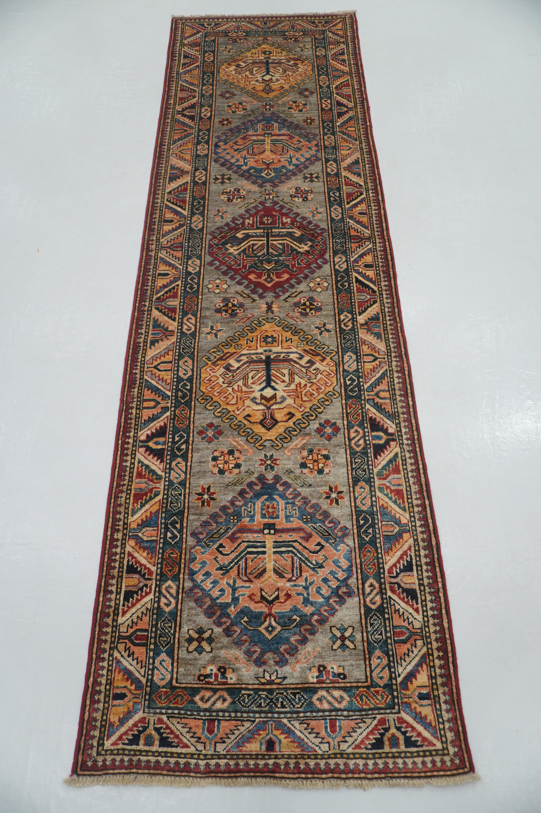 9 Ft Gray Kazak Oriental Afghan Hand knotted Runner Rug - Yildiz Rugs