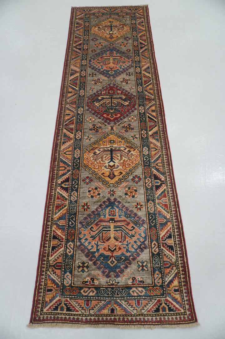 9 Ft Gray Kazak Oriental Afghan Hand knotted Runner Rug - Yildiz Rugs