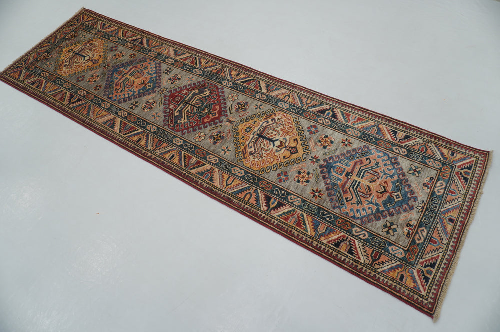 9 Ft Gray Kazak Oriental Afghan Hand knotted Runner Rug - Yildiz Rugs