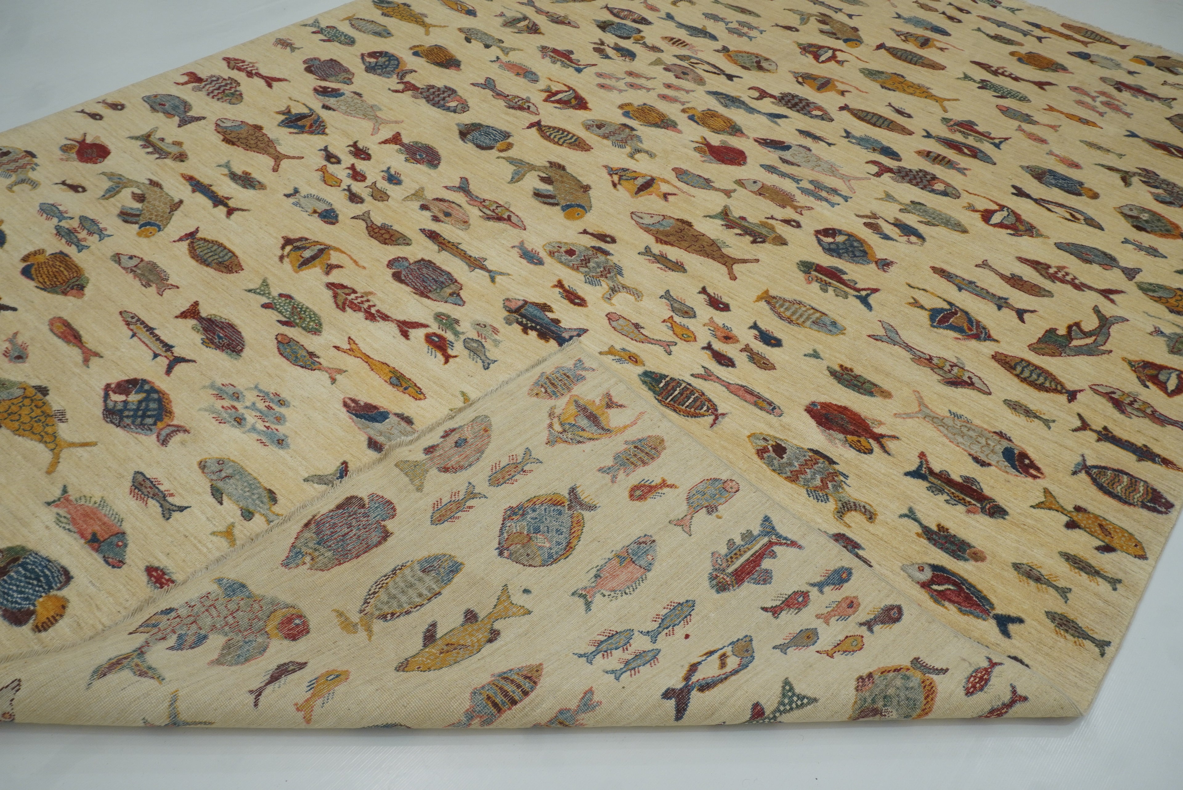 9x12 Fish Gabbeh Ivory Beige Afghan Hand knotted Rug - Yildiz Rugs