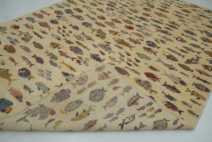 9x12 Fish Gabbeh Ivory Beige Afghan Hand knotted Rug - Yildiz Rugs
