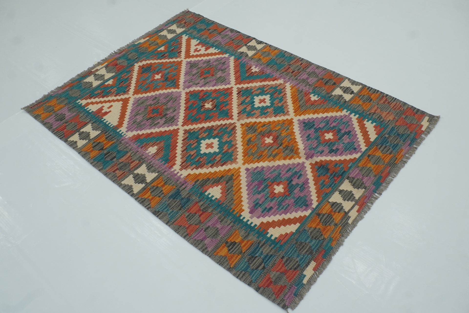 3x5 Gray Afghan Handmade Geometric Kilim Rug