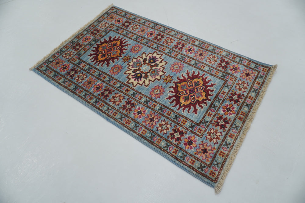 2x3 Soft Blue Kazak Afghan Hand knotted Rug - Yildiz Rugs