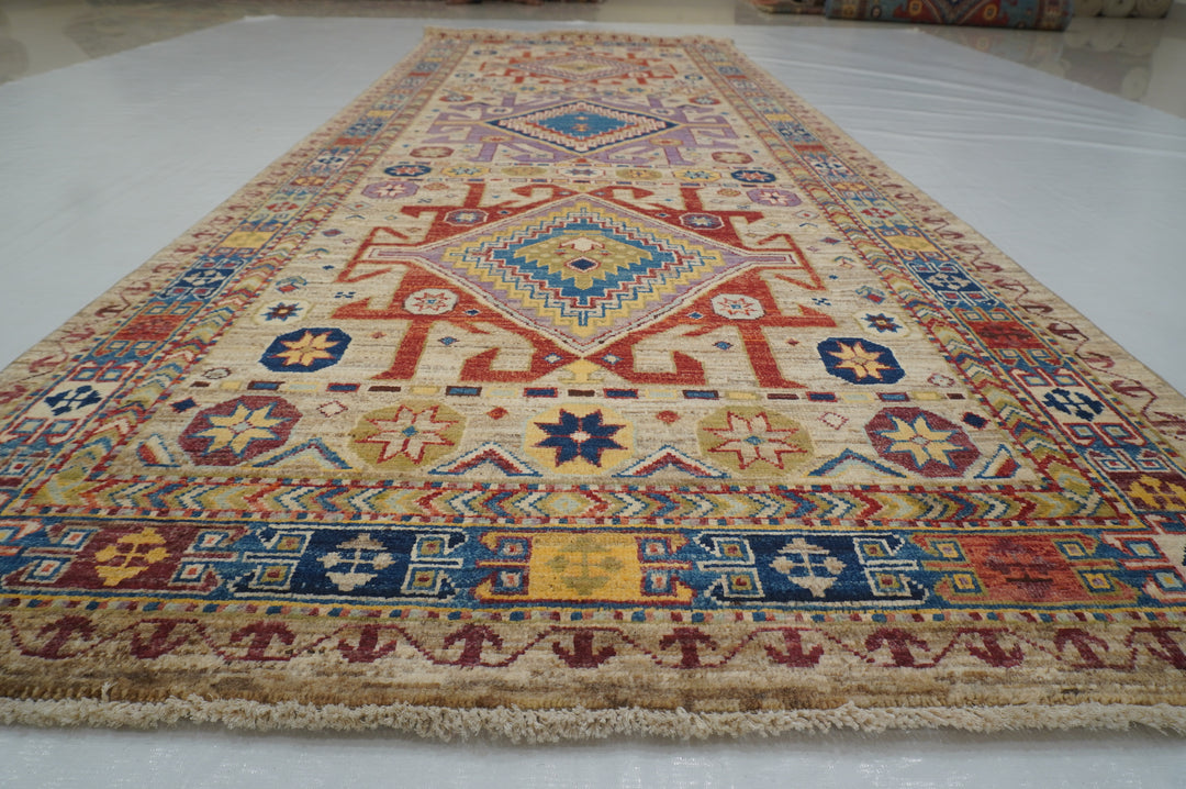 4x10 Gray Kazak Caucasian Afghan Hand knotted Wide Runner Rug - Yildiz Rugs