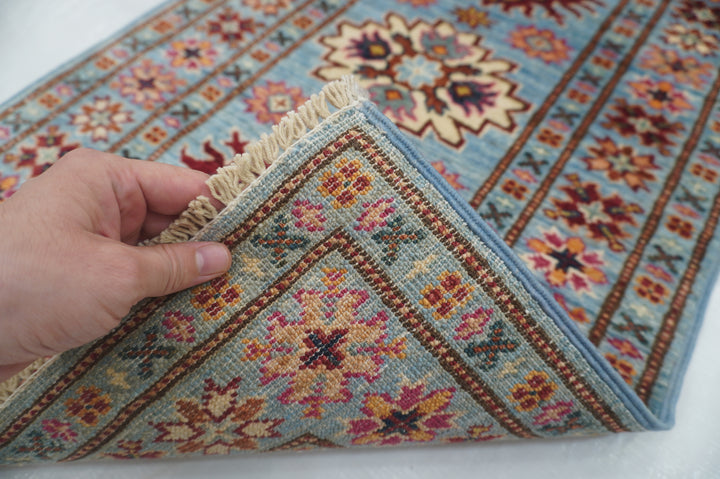 2x3 Soft Blue Kazak Afghan Hand knotted Rug