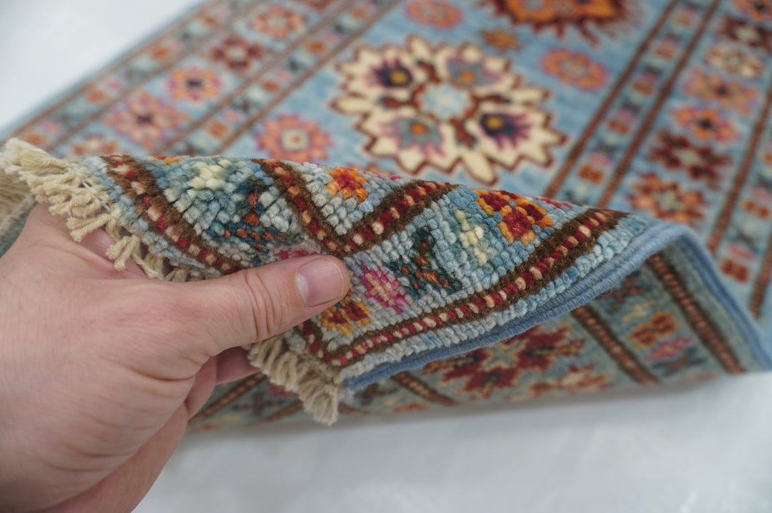 2x3 Soft Blue Kazak Afghan Hand knotted Rug