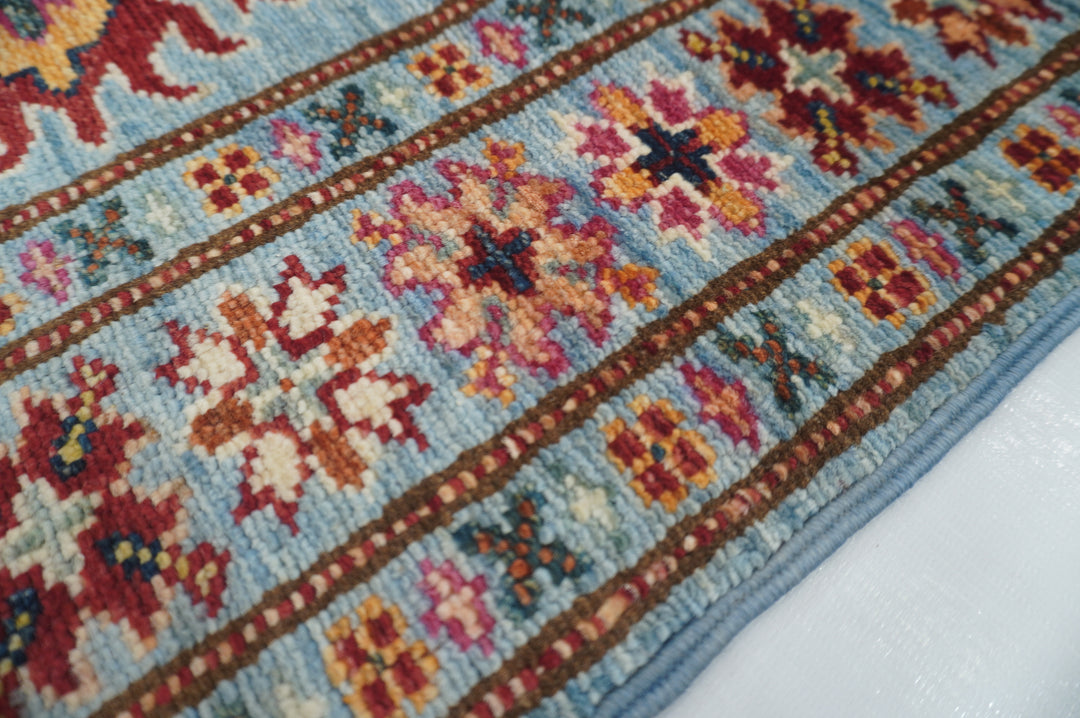 2x3 Soft Blue Kazak Afghan Hand knotted Rug - Yildiz Rugs