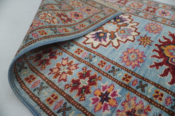 2x3 Soft Blue Kazak Afghan Hand knotted Rug - Yildiz Rugs