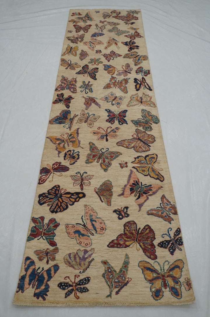 10 ft Beige Butterfly Afghan Hand knotted Runner Rug