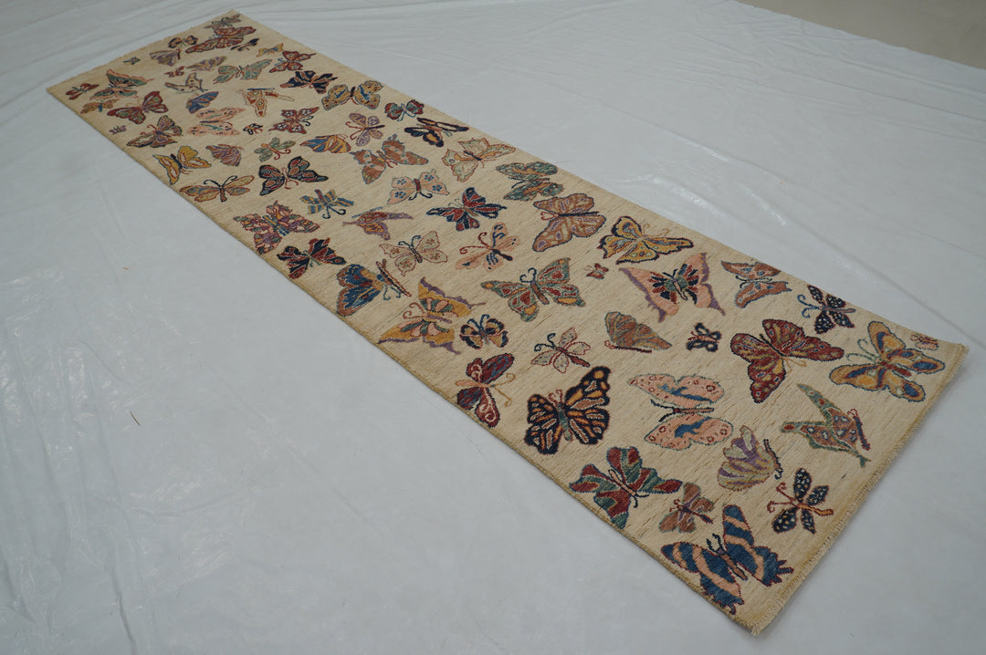 10 ft Beige Butterfly Afghan Hand knotted Runner Rug