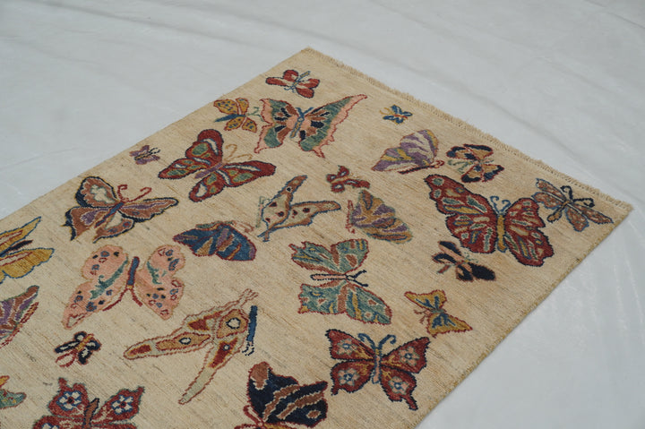 10 ft Beige Butterfly Afghan Hand knotted Runner Rug