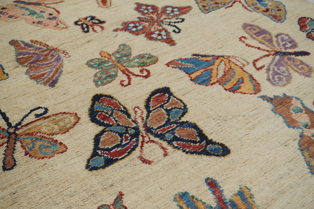 10 ft Beige Butterfly Afghan Hand knotted Runner Rug