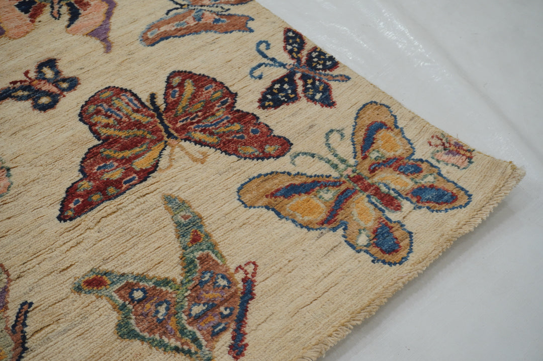 10 ft Beige Butterfly Afghan Hand knotted Runner Rug